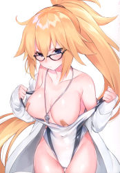 Rule 34 | 1girl, absurdres, bandaid, bandaids on nipples, black-framed eyewear, blonde hair, blue eyes, breasts, competition swimsuit, fate/grand order, fate (series), glasses, highres, hood, hooded jacket, jacket, jeanne d&#039;arc (fate), jeanne d&#039;arc (ruler) (fate), jeanne d&#039;arc (swimsuit archer) (fate), jeanne d&#039;arc (swimsuit archer) (second ascension) (fate), large breasts, long hair, looking at viewer, one-piece swimsuit, open clothes, open jacket, pasties, ponytail, scan, scan artifacts, solo, suzuho hotaru, swimsuit, twitter username, whistle, whistle around neck, white jacket, white one-piece swimsuit