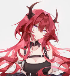 Rule 34 | arknights, bare shoulders, demon girl, demon horns, detached collar, dress, frown, horns, infection monitor (arknights), long hair, looking at viewer, miya (zawarudo), purple eyes, red hair, simple background, slit pupils, solo, surtr (arknights), white background