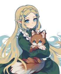 Rule 34 | atsuakulove, blonde hair, blue eyes, dress, fox, green dress, highres, hug, long hair, looking at viewer, maid, nintendo, pointy ears, princess zelda, the legend of zelda, the legend of zelda: breath of the wild, white background