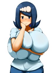 Rule 34 | 1girl, absurdres, blue eyes, blue hair, blue shirt, blush, breasts, breasts squeezed together, cider1289, closed mouth, cowboy shot, creatures (company), deep skin, embarrassed, female focus, freckles, game freak, gigantic breasts, hand on own face, hand up, happy, highres, huge breasts, impossible clothes, lana&#039;s mother (pokemon), looking at viewer, matching hair/eyes, mature female, medium hair, nintendo, nose blush, pokemon, pokemon (anime), pokemon sm (anime), shirt, short hair, simple background, smile, solo, standing, swept bangs, upper body, white background