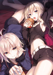 Rule 34 | 2girls, ahoge, armpits, artoria pendragon (all), artoria pendragon (fate), belt, black dress, black shorts, blonde hair, breasts, burger, camisole, commentary request, cup, dress, eating, fate/grand order, fate (series), food, head rest, highres, jacket, jeanne d&#039;arc (fate), jeanne d&#039;arc (ruler) (fate), jeanne d&#039;arc alter (fate), jeanne d&#039;arc alter (ver. shinjuku 1999) (fate), jewelry, long hair, long sleeves, looking at viewer, lying, midriff, mug, multiple girls, navel, necklace, official alternate costume, on stomach, open mouth, saber (fate), saber alter, saber alter (ver. shinjuku 1999) (fate), short dress, shorts, small breasts, smile, toosaka asagi, yellow eyes