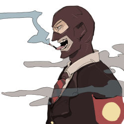 Rule 34 | 1boy, 22 (tak ja), armband, bad id, bad pixiv id, balaclava, beta spy, cigarette, formal, lowres, male focus, necktie, open mouth, profile, red armband, red spy (tf2), simple background, smoke, smoking, solo, spy (tf2), suit, team fortress 2, tongue, white background