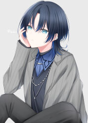 Rule 34 | 1girl, absurdres, black pants, blue eyes, blue hair, blue shirt, collared shirt, grey jacket, head rest, highres, hiodoshi ao, hololive, hololive dev is, jacket, jewelry, kushiro147, looking at viewer, mole, mole under eye, necklace, pants, shirt, short hair, solo, virtual youtuber, white background