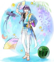 Rule 34 | 1boy, :d, arm up, armband, artist name, asymmetrical sleeves, bird, blue sash, blue sky, bracelet, braid, braided ponytail, cloud, collarbone, crescent, dated, ensemble stars!, falling petals, feathers, flower, food, fruit, full body, hair between eyes, hair intakes, hand fan, highres, holding, holding fan, japanese clothes, jewelry, kanzaki souma, katana, kimono collar, leaf, light particles, long hair, looking at viewer, male focus, mismatched sleeves, multicolored clothes, official alternate costume, official alternate hairstyle, open mouth, pants, petals, pink petals, purple eyes, purple hair, sandals, sash, scabbard, sheath, sidelocks, sky, smile, solo, star (symbol), sword, tassel, teeth, upper teeth only, user vafc2547, v-shaped eyebrows, watermelon, weapon, white pants, white wristband, wide sleeves, wisteria, wristband, yellow feathers, yellow footwear