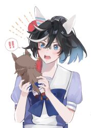 Rule 34 | !, !!, 1girl, animal ears, b qpyz, black hair, blue bow, blue eyes, blue shirt, blue skirt, bow, character doll, character request, commentary request, doll, hair between eyes, highres, holding, holding doll, horse ears, mr. c.b. (umamusume), multicolored hair, puffy short sleeves, puffy sleeves, shirt, short sleeves, simple background, skirt, solo, spoken exclamation mark, streaked hair, thighhighs, umamusume, upper body, white background, white hair, white thighhighs