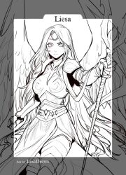 Rule 34 | 1girl, angel wings, armor, artist name, blush, breastplate, character name, clenched hand, closed mouth, commentary, gauntlets, greyscale, highres, holding, holding staff, less, liesa (magic: the gathering), long hair, magic: the gathering, monochrome, parted hair, shoulder plates, skirt, solo, staff, thighhighs, weapon, wings