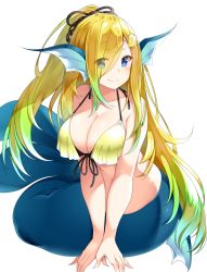 Rule 34 | 1girl, absurdres, bad id, bad twitter id, black ribbon, blonde hair, blue eyes, breasts, cleavage, closed mouth, eyes visible through hair, fins, gradient hair, hair ribbon, head fins, highres, large breasts, long hair, looking at viewer, mermaid, monster girl, multicolored hair, original, ponytail, ribbon, shell hair ornament, simple background, sitting, smile, solo, suruga (xsurugax), v arms, very long hair, white background