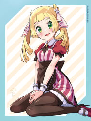 Rule 34 | 1girl, apron, blonde hair, blunt bangs, blush, border, brown apron, brown pantyhose, commentary request, cosplay, creatures (company), dress, eyelashes, flower, game freak, green eyes, hair flower, hair ornament, hair ribbon, highres, kinocopro, lillie (pokemon), looking at viewer, marnie (palentine&#039;s 2022) (pokemon), marnie (pokemon), marnie (pokemon) (cosplay), nintendo, open mouth, own hands together, pantyhose, pokemon, pokemon masters ex, pokemon sm, red shirt, ribbon, shirt, shoes, short sleeves, sitting, smile, solo, twintails, twitter username, two side up, waist apron, watermark, white flower, wrist cuffs