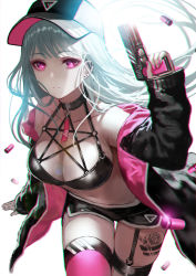Rule 34 | 1girl, absurdres, baseball cap, breasts, cleavage, commentary request, ear piercing, garter straps, gun, handgun, hat, highres, holding, holding gun, holding weapon, jacket, large breasts, long hair, looking at viewer, nail polish, navel, off shoulder, open clothes, open jacket, original, parted lips, piercing, pink eyes, pistol, short shorts, shorts, silver hair, solo, terai (teraimorimori), thigh gap, thighhighs, weapon