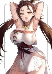 Rule 34 | 1girl, armpits, arms behind head, arms up, bare shoulders, body markings, breasts, brown eyes, brown hair, cleavage, dress, facial mark, fate/grand order, fate (series), forehead, forehead mark, himiko (fate), himiko (first ascension) (fate), jewelry, large breasts, long hair, looking at viewer, magatama, magatama necklace, necklace, open mouth, sash, side slit, sideboob, smile, solo, suminagashi, thighs, topknot, twintails, white dress