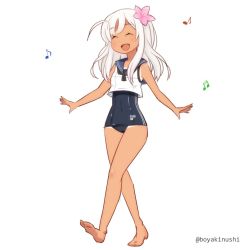 Rule 34 | 1girl, barefoot, beamed sixteenth notes, black one-piece swimsuit, blonde hair, closed eyes, commentary request, crop top, eighth note, flower, full body, hair flower, hair ornament, happy, kantai collection, long hair, musical note, one-hour drawing challenge, one-piece swimsuit, one-piece tan, open mouth, ro-500 (kancolle), sailor collar, school swimsuit, simple background, smile, solo, swimsuit, swimsuit under clothes, tan, tanline, uni (gugurutan), walking, white background