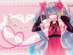 Rule 34 | 1girl, aqua hair, detached sleeves, dress, eruria, closed eyes, facing viewer, flower, frilled sleeves, frills, hair flower, hair ornament, hatsune miku, headphones, heart, heart of string, long hair, ri, sing my love (vocaloid), smile, solo, twintails, very long hair, vocaloid