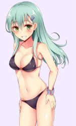 Rule 34 | 10s, 1girl, :d, alternate costume, armpits, bare arms, bare shoulders, bikini, black bikini, blush, breasts, cleavage, collarbone, cowboy shot, grin, hair ornament, hairclip, hands on own hips, interstellar, kantai collection, long hair, looking at viewer, medium breasts, navel, open mouth, parted lips, pink background, simple background, smile, solo, stomach, string bikini, suzuya (kancolle), swimsuit, teeth, tsurime