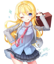 Rule 34 | 1girl, bad id, bad pixiv id, black skirt, blonde hair, blue eyes, blush, briefcase, closed mouth, long hair, looking at viewer, miyazono kawori, necktie, one eye closed, pink necktie, shigatsu wa kimi no uso, skirt, smile, solo, tempy (rinsia), tongue, tongue out