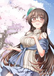 Rule 34 | 1girl, absurdres, alternate costume, beret, black hair, blue shawl, brown hair, cherry blossoms, choukai (kancolle), commentary request, from below, glasses, green hat, hat, highres, kantai collection, light brown sweater, long hair, oohashi yanta, pleated skirt, red eyes, rimless eyewear, shawl, skirt, sleeveless, sleeveless sweater, solo, sweater, tree, upper body, white skirt