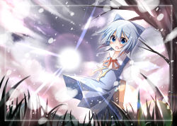 Rule 34 | 1girl, blue dress, blue eyes, blue hair, cirno, cloud, cloudy sky, dress, framed, grass, hakobako, ice, ice wings, looking at viewer, matching hair/eyes, open mouth, puffy sleeves, shirt, short sleeves, sky, snowing, solo, sun, touhou, tree, wings