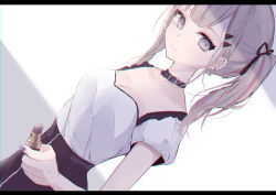 Rule 34 | 1girl, bad id, bad pixiv id, black collar, black ribbon, black skirt, breasts, brown hair, chromatic aberration, cleavage, closed mouth, collar, collarbone, commentary request, cosmetics, dutch angle, grey eyes, grey nails, hair ribbon, high-waist skirt, holding, letterboxed, lipstick tube, long hair, looking at viewer, multicolored hair, nail polish, original, puffy short sleeves, puffy sleeves, red hair, ribbon, shirt, short sleeves, skirt, small breasts, smile, solo, streaked hair, tsuruse, twintails, white shirt