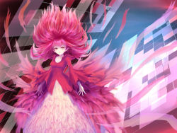 Rule 34 | 1girl, banshee master, breasts, brown eyes, cleavage, commentary request, dress, fafunyiru, feet out of frame, floating hair, long hair, long sleeves, looking at viewer, medium breasts, open mouth, pink hair, pink skirt, pointy ears, ragnarok online, red dress, skirt, solo, torn clothes, torn dress