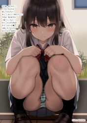 1girl absurdres aqua_panties ass black_hair black_skirt black_socks brown_eyes clenched_hands collared_shirt grass hair_between_eyes hands_on_own_knees highres himura_moritaka long_hair looking_at_viewer original panties pantyshot pigeon-toed pleated_skirt revision school_uniform shirt short_sleeves sidelocks sidewalk skirt smile socks solo squatting striped_clothes striped_panties thighs translated twitter_username underwear white_shirt window