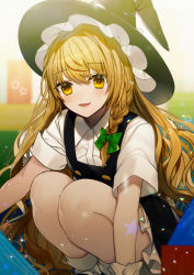 Rule 34 | 1girl, :d, black dress, black hat, blonde hair, blurry, blurry background, blush, bow, braid, daimaou ruaeru, dress, feet out of frame, green bow, hair between eyes, hair bow, hat, hat bow, kirisame marisa, light particles, long hair, looking at viewer, open mouth, petticoat, short dress, short sleeves, single braid, smile, socks, solo, squatting, thighs, touhou, very long hair, white bow, white socks, witch hat, wrist cuffs, yellow eyes