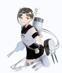 Rule 34 | 1girl, adapted turret, ayanami (kancolle), ayanami kai ni (kancolle), black sailor collar, black skirt, brown eyes, brown hair, cannon, commentary request, cropped legs, kangoku kou, kantai collection, long hair, looking at viewer, machinery, one-hour drawing challenge, pleated skirt, sailor collar, school uniform, serafuku, side ponytail, simple background, skirt, solo, torpedo launcher, turret, white background