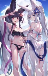 Rule 34 | 2girls, animal ears, bare shoulders, bell, bikini, bikini skirt, black bikini, black hair, blue eyes, blue sky, blush, bracelet, breasts, cleavage, closed mouth, cloud, cloudy sky, commentary request, day, erune, granblue fantasy, hair ornament, hand up, high ponytail, highres, jewelry, jingle bell, looking at viewer, looking back, medium breasts, multiple girls, navel, open mouth, outdoors, ponytail, red eyes, see-through, simple background, sky, smile, societte (granblue fantasy), stomach, swimsuit, tail, thigh strap, thighs, watao, white bikini, white hair, yuel (granblue fantasy)