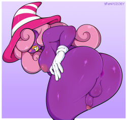 Rule 34 | 1girl, anus, ass, bent over, blush stickers, breasts, colored skin, curly hair, futanari, ghost tail, gloves, gradient background, hair over eyes, hat, highres, large breasts, looking at viewer, mario (series), newhalf, nintendo, nipples, npczoey, paper mario, paper mario: the thousand year door, parted lips, penis, perineum, pink hair, purple background, purple skin, solo, striped clothes, striped headwear, testicles, two-tone headwear, vivian (paper mario), white gloves, witch hat, yellow lips