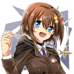 Rule 34 | 1girl, blue eyes, blush, breasts, brown hair, brown jacket, collared shirt, commentary request, hair between eyes, hair ribbon, jacket, jewelry, looking at viewer, lyrical nanoha, necktie, open mouth, pendant, ribbon, san-pon, schwertkreuz, schwertkreuz (standby form), shirt, short hair, simple background, small breasts, solo, upper body, white shirt, yagami hayate