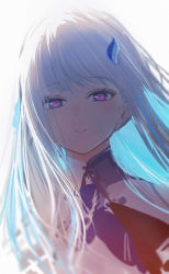 Rule 34 | 1girl, backlighting, blue hair, blush, closed mouth, colored inner hair, commentary, eyelashes, hair ornament, highres, isshiki (ffmania7), light blue hair, lize helesta, long hair, looking at viewer, multicolored hair, nijisanji, portrait, purple eyes, silver hair, simple background, smile, solo, straight hair, virtual youtuber, white background