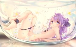 Rule 34 | 1girl, :o, absurdres, ahoge, air bubble, arm support, azur lane, barefoot, bdsm, bikini, bikini bottom only, bikini pull, black bikini, blue eyes, blush, bondage, bound, bound ankles, breasts, bubble, chain, clothes pull, cup, english text, flower, from side, full body, hair bun, heart, highres, in container, in cup, jiang xin, legs up, looking at viewer, looking to the side, mini person, minigirl, nude, one eye closed, parted lips, pink hair, side bun, single hair bun, single side bun, small breasts, solo, stuffed winged unicorn, submerged, swimsuit, underwater, unicorn (azur lane)