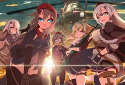 Rule 34 | 5girls, 9a-91 (girls&#039; frontline), aircraft, asymmetrical legwear, beret, blue eyes, bolt action, braid, cowboy shot, fingerless gloves, girls&#039; frontline, gloves, gun, hair ornament, hairclip, hands on thighs, hat, headset, helicopter, holding, holding gun, holding weapon, leggings, long hair, looking at viewer, mi-24, military, military uniform, mismatched legwear, multiple girls, open mouth, ots-12 (girls&#039; frontline), panties, pk (girls&#039; frontline), ponytail, red eyes, rifle, sayossa (pak-front), side-tie panties, silver hair, skindentation, sniper rifle, star (symbol), star hair ornament, sunset, sv-98, sv-98 (girls&#039; frontline), svd (girls&#039; frontline), thighhighs, underwear, uniform, very long hair, weapon