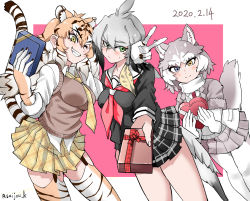Rule 34 | 3girls, ;), alternate costume, animal ears, arm around neck, bad id, bad pixiv id, bare legs, bird tail, black hair, blonde hair, blue eyes, blush, box, brown eyes, closed mouth, collared shirt, commentary request, dated, dog (mixed breed) (kemono friends), dog ears, dog tail, extra ears, eyebrows, garter straps, gift, gift box, gloves, green eyes, grey hair, grin, hair between eyes, hair intakes, heterochromia, highres, holding, holding gift, incoming gift, jacket, kemono friends, light brown hair, long hair, long sleeves, looking at viewer, medium hair, multicolored hair, multiple girls, necktie, one eye closed, outstretched arm, pantyhose, saijou k, sailor collar, school uniform, shirt, shoebill (kemono friends), short sleeves, siberian tiger (kemono friends), side-by-side, sidelocks, skirt, smile, standing, sweater vest, tail, thighhighs, tiger ears, tiger tail, twitter username, v, valentine, white hair, wing collar, yellow eyes, zettai ryouiki