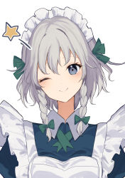 Rule 34 | 1girl, absurdres, apron, blue dress, blush, bow, braid, breasts, closed mouth, collar, collared dress, dress, green bow, green ribbon, grey eyes, grey hair, hair between eyes, hair bow, hair ribbon, highres, izayoi sakuya, kozomezuki, looking at viewer, maid, maid headdress, medium breasts, one eye closed, puffy short sleeves, puffy sleeves, ribbon, short hair, short sleeves, simple background, smile, solo, star (symbol), touhou, twin braids, upper body, white apron, white background