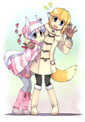 Rule 34 | 2girls, :d, animal ears, apricot, apricot (yamai), blonde hair, blue eyes, boots, rabbit ears, coat, fang, fox ears, fox tail, gloves, knee boots, long hair, multiple girls, open mouth, original, pantyhose, pink footwear, scarf, skirt, smile, tail, usa (yamai), waving, winter clothes, yamai