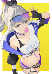 Rule 34 | 1girl, absurdres, arm up, black gloves, border, bra strap, breasts, blowing bubbles, choker, commentary request, cowboy shot, crop top, eyewear on head, fingerless gloves, gloves, grey eyes, grey hair, highres, honkai: star rail, honkai (series), jacket, long hair, medium breasts, midriff, navel, off shoulder, outside border, ponytail, shirt, silver wolf (honkai: star rail), single-shoulder shirt, single bare shoulder, solo, standing, stomach, sunglasses, thanr, white border, white shirt, yellow background