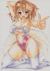 Rule 34 | 1girl, arm up, armpits, barbara (dq6), bare shoulders, breasts, brown hair, cleavage, curvy, dragon quest, dragon quest vi, earrings, feet, female focus, fingernails, groin, hairband, jewelry, kneeling, large breasts, legs, long fingernails, looking at viewer, mouth hold, navel, no shoes, open mouth, pointing, pointing at viewer, red eyes, short hair, simple background, smile, solo, thighhighs, traditional media, underboob, uneven eyes, white background, white thighhighs, yutakasan-love