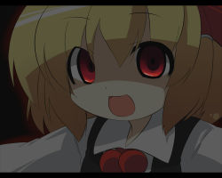 Rule 34 | 1girl, black background, blonde hair, close-up, dark, embodiment of scarlet devil, female focus, oka (bananashoe), open mouth, red eyes, rumia, short hair, simple background, solo, touhou, you gonna get raped