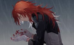 Rule 34 | 1boy, alternate costume, bad id, bad pixiv id, blood, blood on clothes, blood on hands, diluc (genshin impact), genshin impact, gloves, highres, long hair, looking at hand, looking at hands, male focus, parted lips, rain, red eyes, red hair, solo, white gloves, wide-eyed, yoko (nz g)