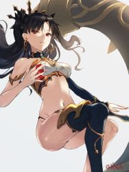 Rule 34 | 1girl, arm garter, black hair, black ribbon, black thighhighs, closed mouth, commentary request, earrings, fate/grand order, fate (series), hair ribbon, highres, hoop earrings, ishtar (fate), jewelry, long hair, midriff, navel, red eyes, ribbon, simple background, smile, solo, thighhighs, tohsaka rin, twitter username, two side up, white background, you06