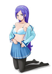 Rule 34 | 1girl, aono miki, bakusai, black pantyhose, blue bow, blue bra, blue eyes, blue hairband, blue shirt, blue skirt, bow, bow bra, bra, breasts, cleavage, closed mouth, collarbone, fresh precure!, full body, hairband, kneeling, long hair, long sleeves, looking at viewer, medium breasts, miniskirt, open clothes, open shirt, open skirt, pantyhose, parted bangs, pleated skirt, precure, purple hair, shirt, simple background, skirt, smile, solo, underwear, very long hair, white background