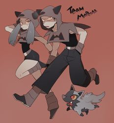 Rule 34 | 1boy, 1girl, animal ears, arm up, belt, black footwear, black pants, black shirt, black skirt, blush, breasts, collarbone, colored sclera, creatures (company), denbaa, english text, fake horns, full body, game freak, gen 3 pokemon, gloves, grey eyes, grey hair, hand in pocket, hood, horns, leg up, looking at viewer, medium breasts, miniskirt, nintendo, open mouth, pants, pokemon, pokemon (creature), pokemon rse, poochyena, red background, red eyes, running, sharp teeth, shirt, shoes, simple background, skirt, sleeveless, sleeveless shirt, smile, tail, team magma grunt, teeth, text focus, tongue, tongue out, wolf ears, wolf tail, yellow sclera