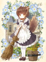 Rule 34 | 1girl, animal ears, apron, bad id, bad pixiv id, broom, brown hair, bucket, bug, building, butterfly, child, collar, dress, floral background, flower, frilled dress, frills, full body, gold, goshujin-sama to kemonomimi no shoujo meru, holding, insect, itou hachi, looking at viewer, maid, maid apron, mary janes, mel (goshujin-sama to kemonomimi no shoujo meru), orange eyes, outdoors, pantyhose, shoes, short hair, short sleeves, sky, solo, tail, white pantyhose, window
