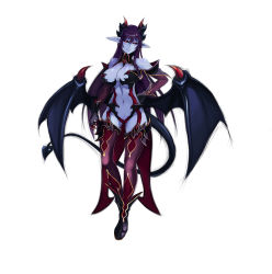 Rule 34 | 1girl, bare shoulders, black gloves, black sclera, blue skin, breasts, colored sclera, colored skin, demon (monster girl encyclopedia), demon girl, demon tail, demon wings, detached collar, detached sleeves, earrings, full body, gloves, hair between eyes, hand on own hip, heart, heart earrings, horns, jewelry, large breasts, long hair, looking at viewer, monster girl, monster girl encyclopedia, navel, parted lips, pointy ears, purple hair, red eyes, solo, stomach, subete no houkou, tail, thighhighs, wings