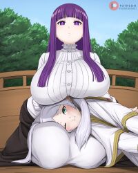Rule 34 | 2girls, :i, absurdres, alternate breast size, black robe, blue sky, blunt bangs, blush, breast rest, breasts, breasts on head, buttons, capelet, closed mouth, collar, commentary, dismaiden, dress, earrings, english commentary, expressionless, fern (sousou no frieren), frieren, frilled collar, frills, gold trim, green eyes, grey hair, highres, huge breasts, jewelry, lap pillow, long hair, long sleeves, looking at viewer, lying, multiple girls, off shoulder, on side, one eye closed, outdoors, parted bangs, patreon logo, purple eyes, purple hair, purple pupils, robe, seiza, short eyebrows, sidelocks, sitting, sky, sousou no frieren, straight hair, thick eyebrows, tree, twintails, twitter username, white capelet, white dress