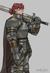 Rule 34 | 1girl, absurdres, armor, artist name, brown cape, cape, from side, highres, holding, holding sword, holding weapon, m4rjinn, original, over shoulder, red hair, scar, scar on face, short hair, simple background, solo, standing, sword, watermark, weapon, weapon over shoulder