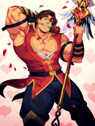 Rule 34 | 1boy, arm behind head, bara, bare shoulders, biceps, black pants, brown hair, bulge, cleavage cutout, clothing cutout, cu chulainn (smite), flower, head tilt, holding, holding polearm, holding spear, holding weapon, large pectorals, legs apart, male focus, mature male, muscular, muscular male, original, paid reward available, pants, pectoral cleavage, pectorals, petals, polearm, paid reward available, rose, short hair, smile, smite, solo, spear, stomach, thick thighs, thighs, valentine, weapon, xelgot