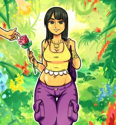 Rule 34 | 1girl, absurdres, bag, bare arms, bare shoulders, black hair, breasts, brown eyes, buttons, chris rozary, cleavage, collarbone, cowboy shot, crop top, day, extra arms, flower, gluteal fold, groin, hana hana no mi, hands up, highres, holding, holding flower, jewelry, long hair, looking at viewer, medium hair, midriff, navel, nico robin, one piece, outdoors, pants, parted lips, pendant, pouch, purple pants, red flower, red rose, ring, rose, shoulder bag, smile, solo, standing, stomach, tank top, taut clothes, thigh gap