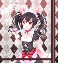 Rule 34 | 10s, 1girl, animal ears, apron, arm up, bad id, bad pixiv id, black dress, black hair, blush, bow, rabbit ears, dress, hair ribbon, heart, looking at viewer, love live!, love live! school idol project, maid, maid apron, maid headdress, mikazuki sara, mogyutto &quot;love&quot; de sekkin chuu!, open mouth, original, red eyes, ribbon, short hair, skirt, smile, solo, tongue, tongue out, twintails, wrist cuffs, yazawa nico