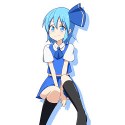 Rule 34 | 1girl, ascot, black socks, blouse, blue ascot, blue eyes, blue hair, blush, cato (monocatienus), cirno, cirno (cosplay), color switch, cosplay, hair between eyes, hair ribbon, kneehighs, looking at viewer, matching hair/eyes, ribbon, rumia, rumia (cosplay), shirt, short hair, simple background, skirt, skirt set, smile, socks, solo, touhou, v arms, vest, white shirt