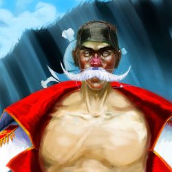 Rule 34 | 1boy, artist request, bandana, blue eyes, edward newgate, epaulettes, facial hair, jacket, jacket on shoulders, jolly roger, looking at viewer, male focus, mustache, old, old man, one piece, pirate, realistic, solo, source request, standing